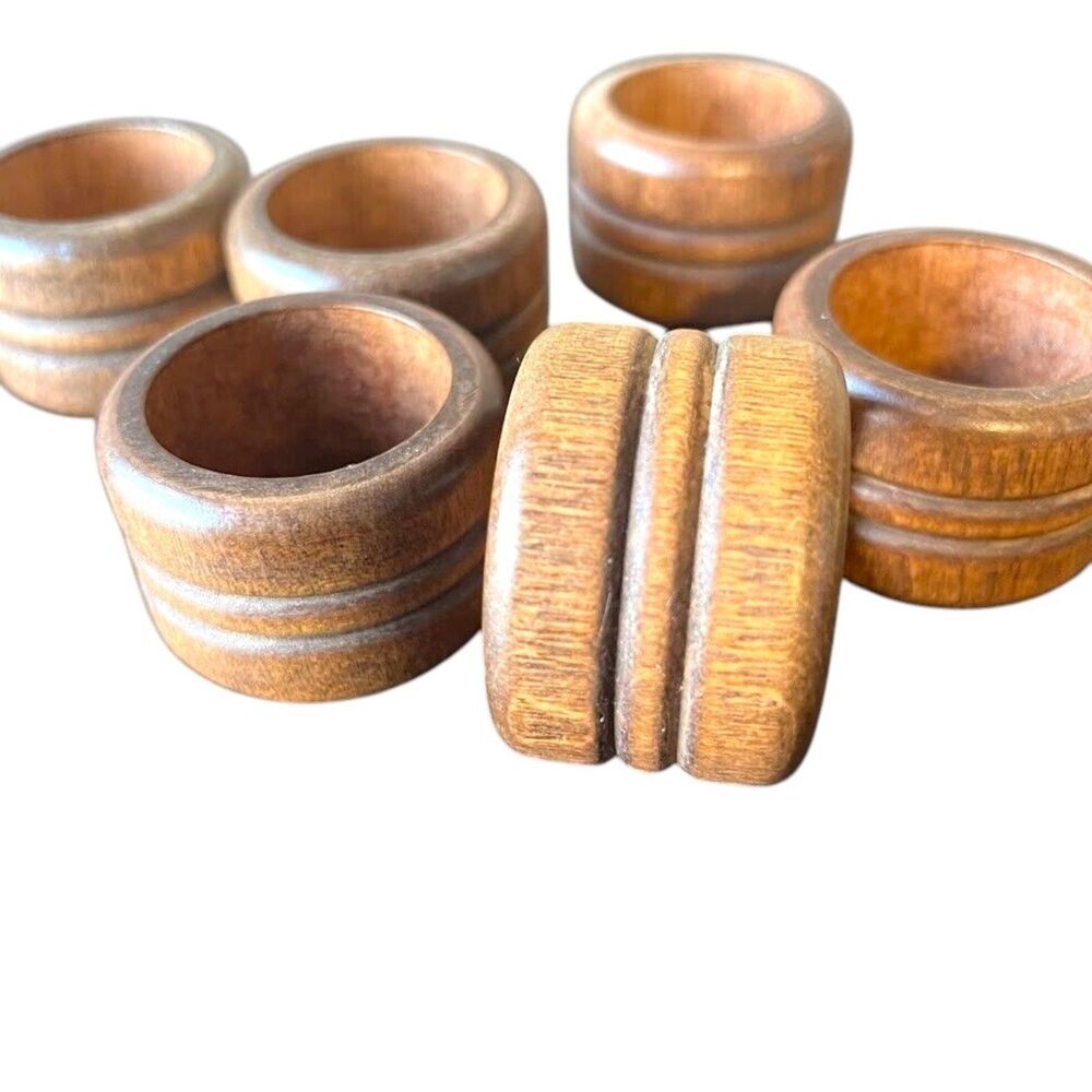 Set Of 6 Turned Wood Napkin Rings Boho Bohemian For Casual Table Setting